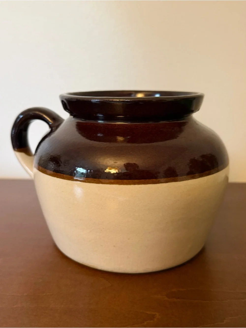 Two-Tone Stoneware Bean Pot Crock - Brown and Cream